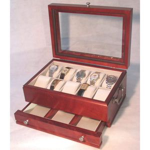 American Chest - The Captain:  Ten Watch Glass top storage Chest with a Jeweler's Drawer - Watch Winder Pros