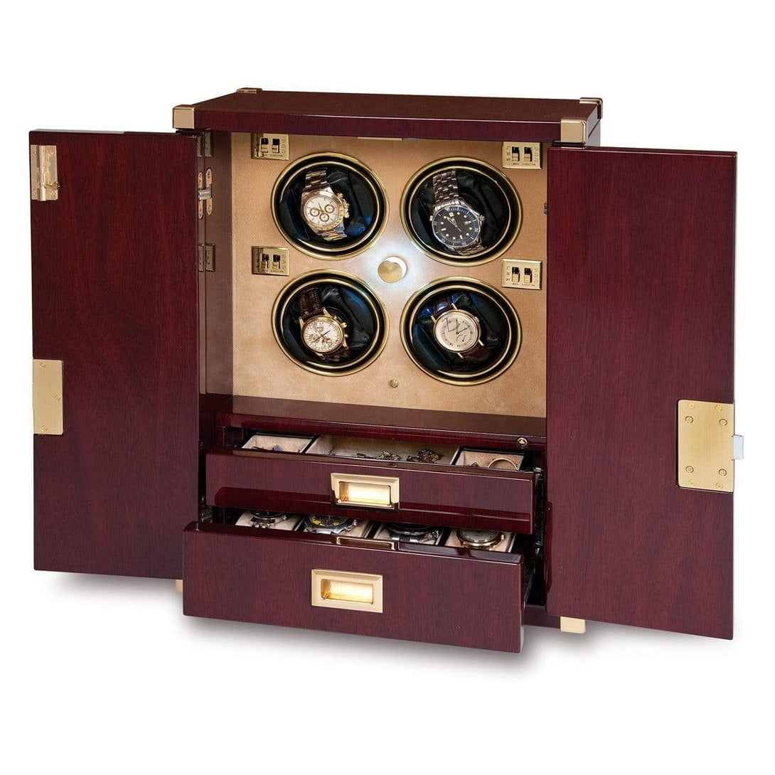 Rapport Mariner's Chest Quad Watch Winder with Storage- Mahogany with Brass - Watch Winder Pros